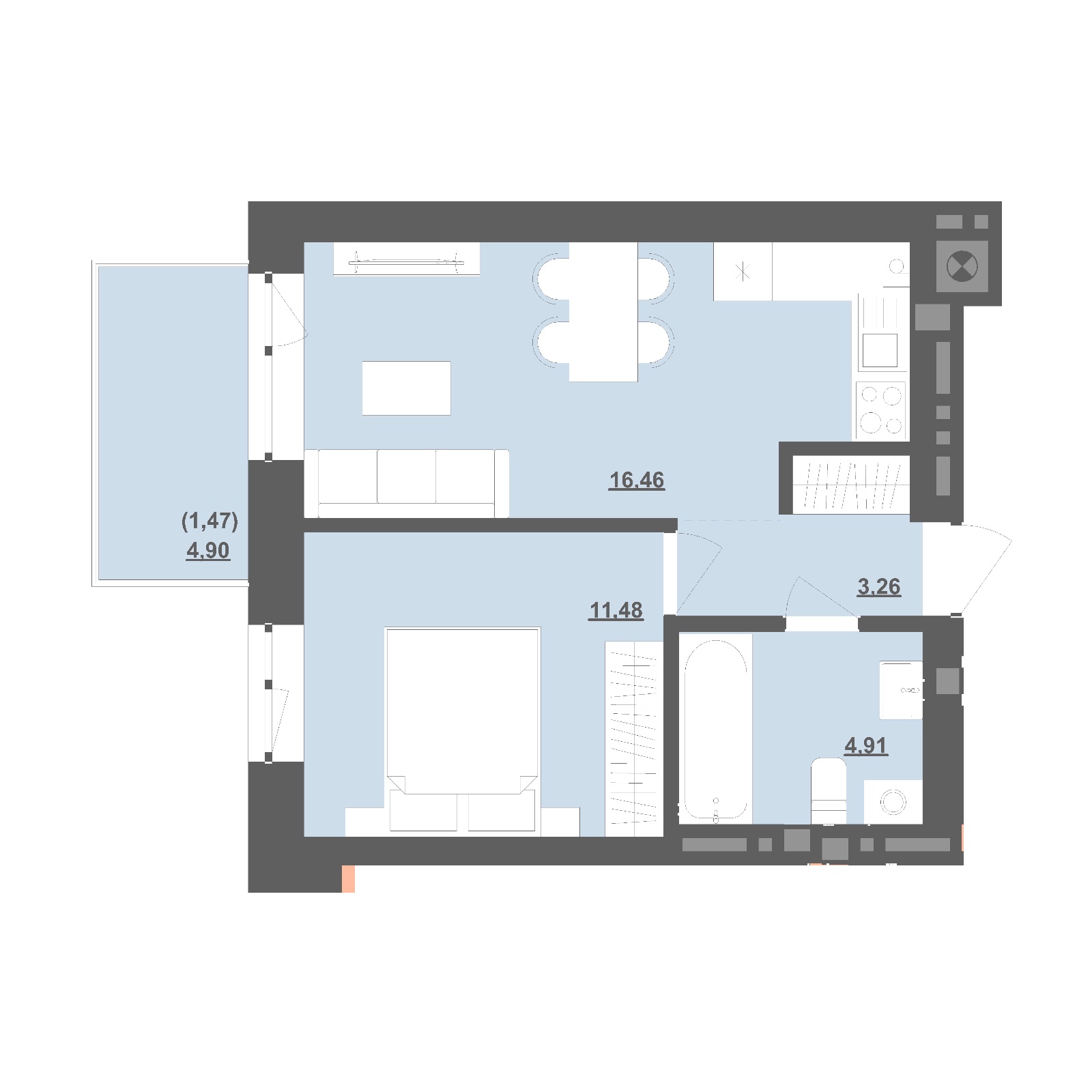 1-кімнатна квартира 37,58 м2