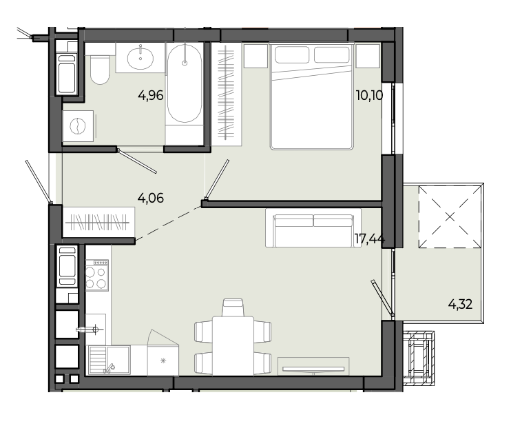 1-кімнатна квартира 38,14 м2
