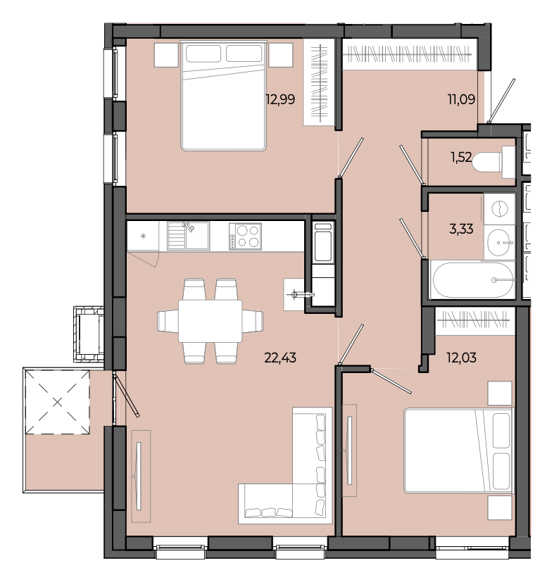 2-кімнатна квартира 64,10 м2