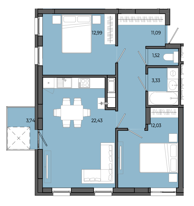 2-кімнатна квартира 64,10 м2