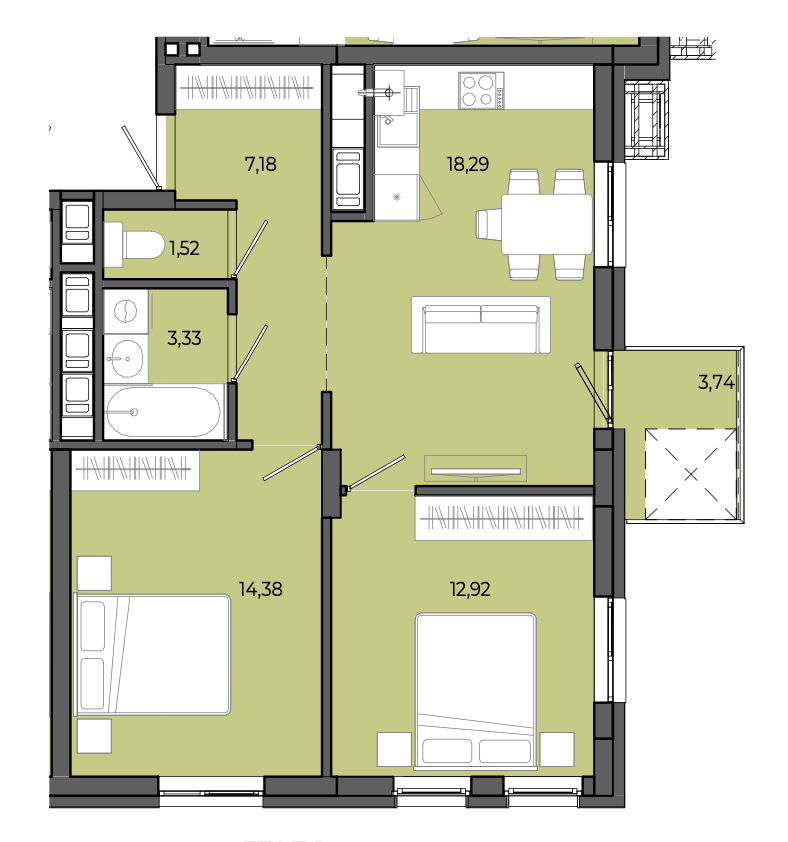 2-кімнатна квартира 58,10 м2