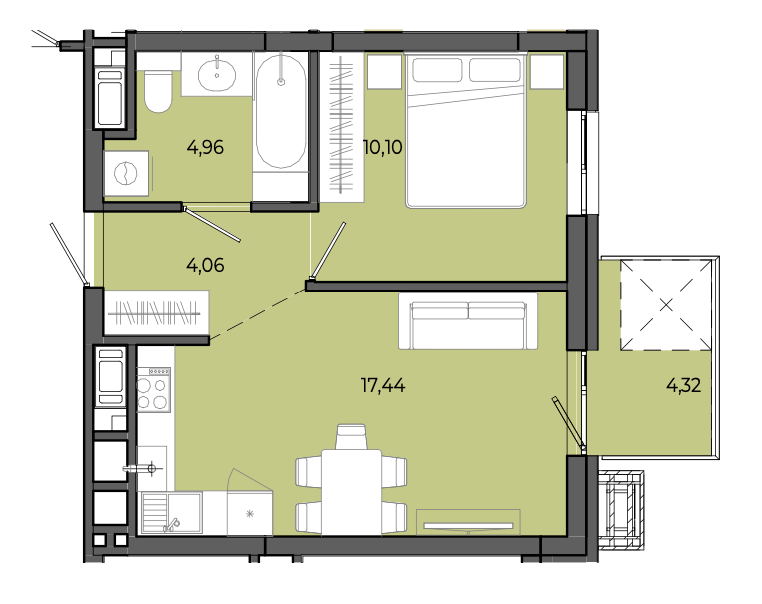 1-кімнатна квартира 38,14 м2