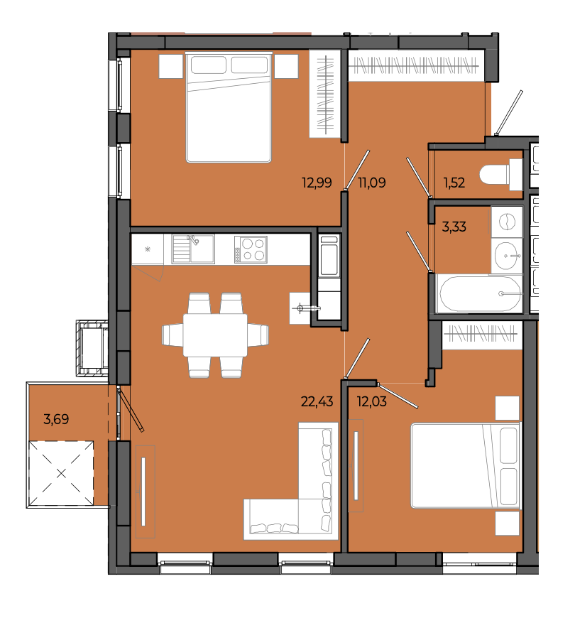2-кімнатна квартира 64,10 м2