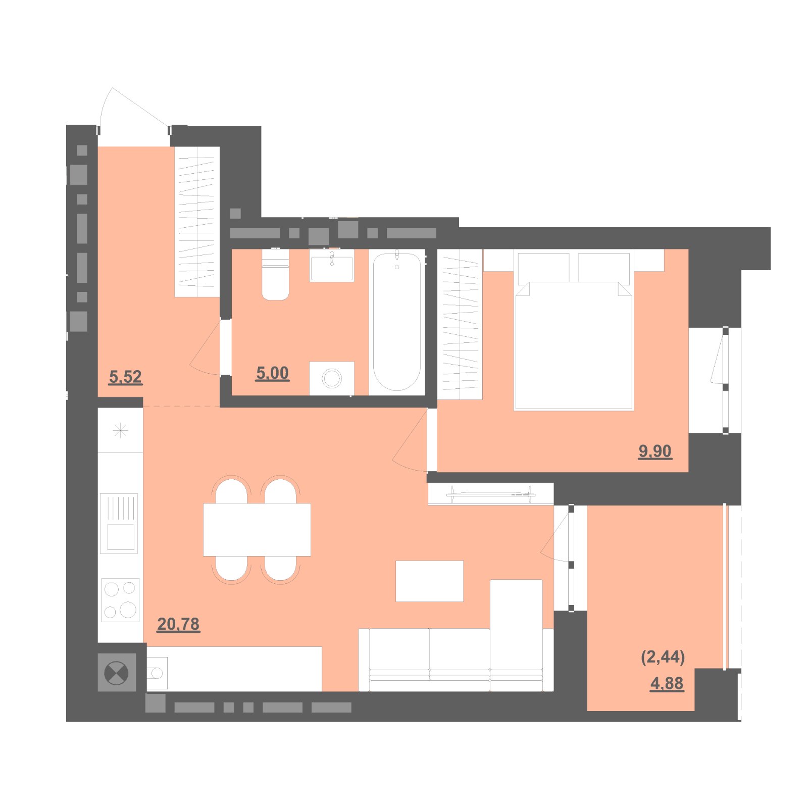 1-кімнатна квартира 43,64 м2