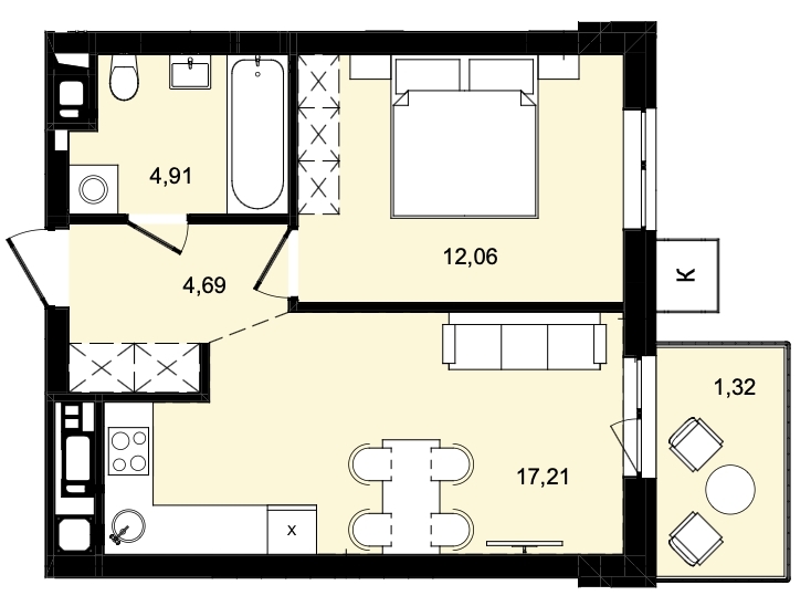1-кімнатна квартира 40,19 м2