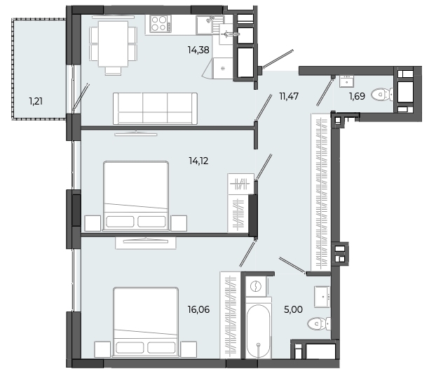 2-кімнатна квартира 63,93 м2