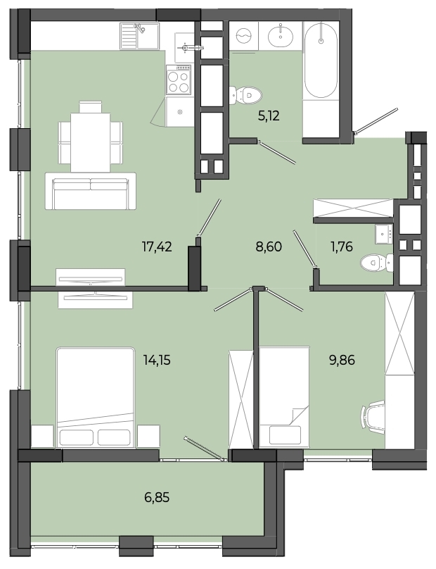 2-кімнатна квартира 63,76 м2